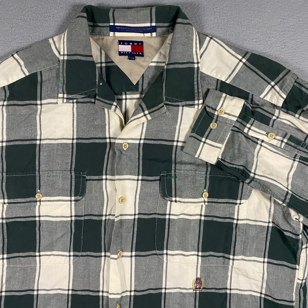 Vintage Tommy Hilfiger Mens Large Green Cream‎ Plaid Flannel Button Down Shirt